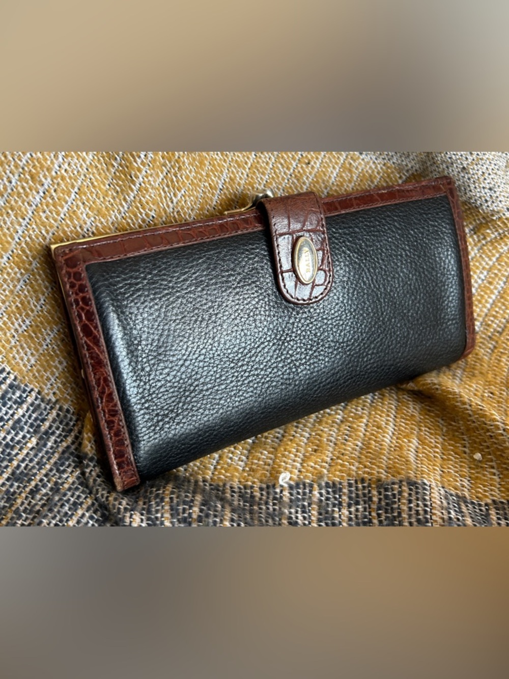 Bally Black Leather Wallet with Brown Trim and Gold Accents